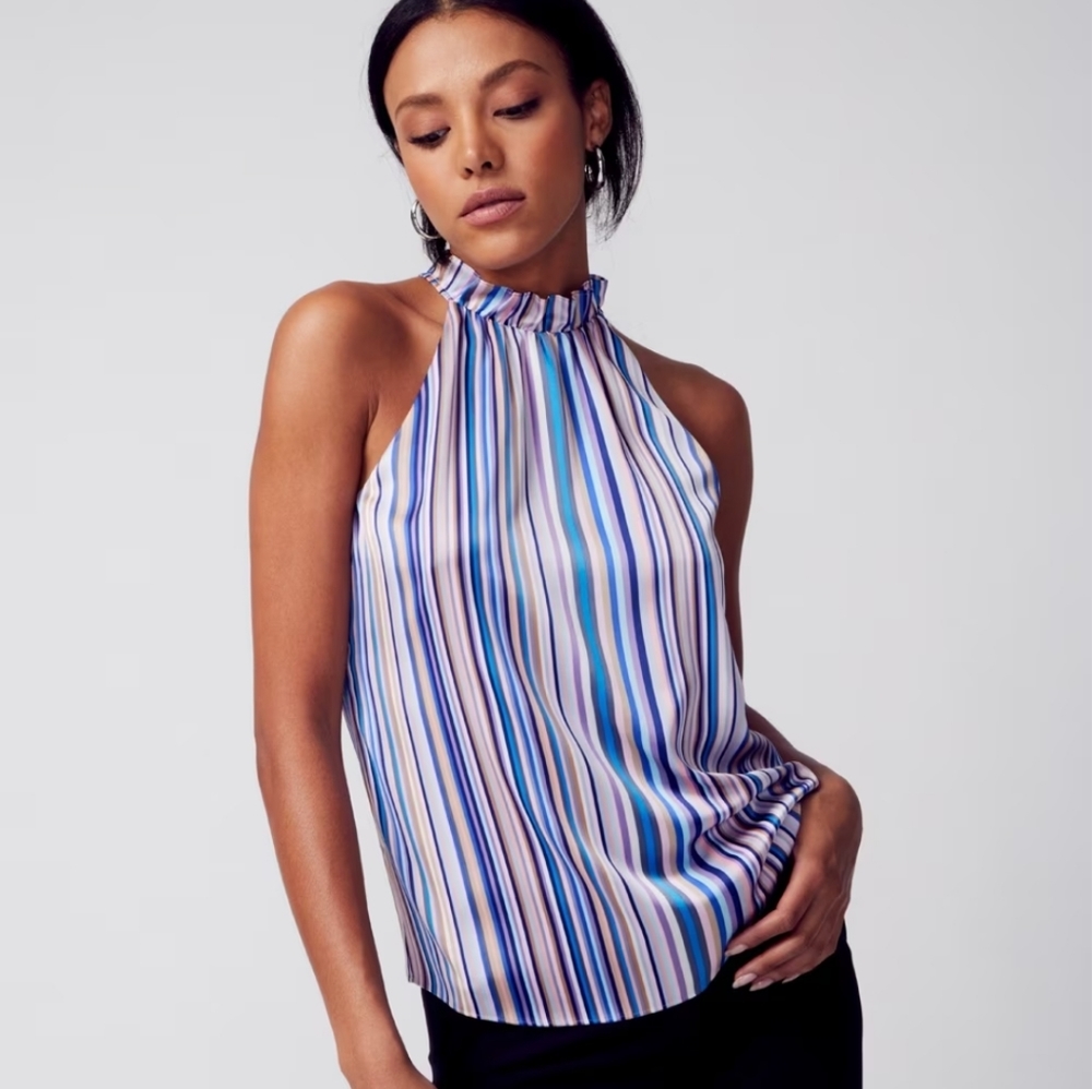 NEW White House Black Market Ruffle-Neck Halter Top Satin Rainbow Stripe Denim